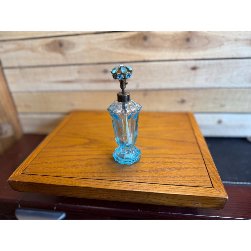 Vintage IRICE Japan Blue Glass Perfume Bottle Jeweled Top
